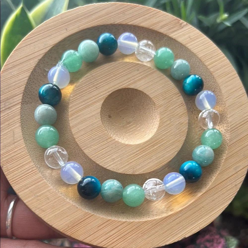 Handmade Amazonite +Blue Tigers Eye +Green Aventurine Quartz Beaded Bracelet
